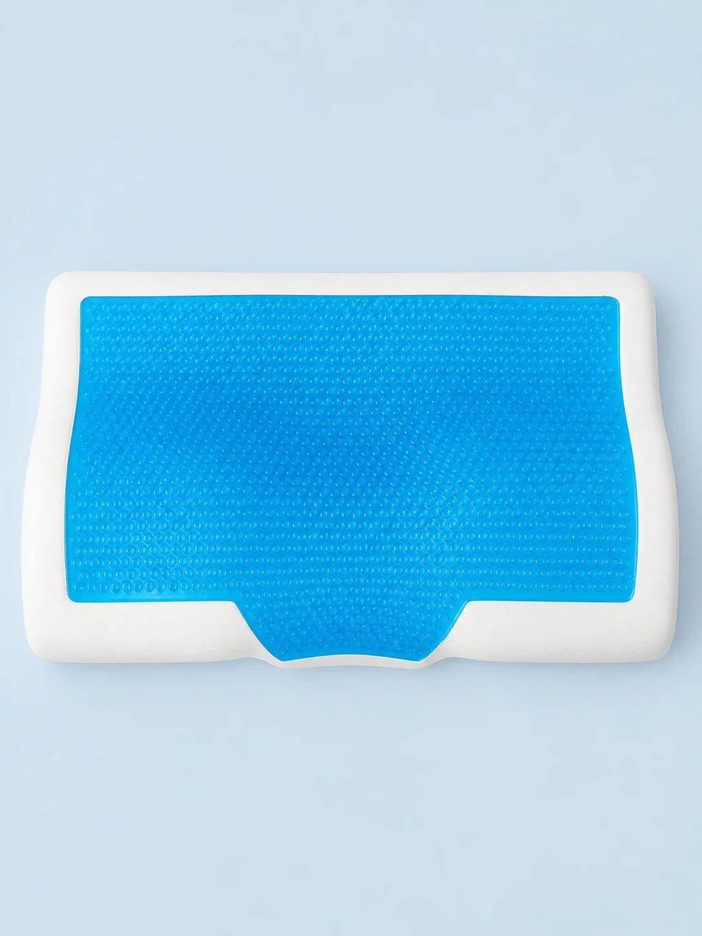 Top-down view of the blue dimpled gel panel on the white IcedPillow core
