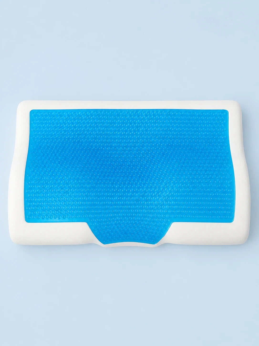 Top-down view of the blue dimpled gel panel on the white IcedPillow core
