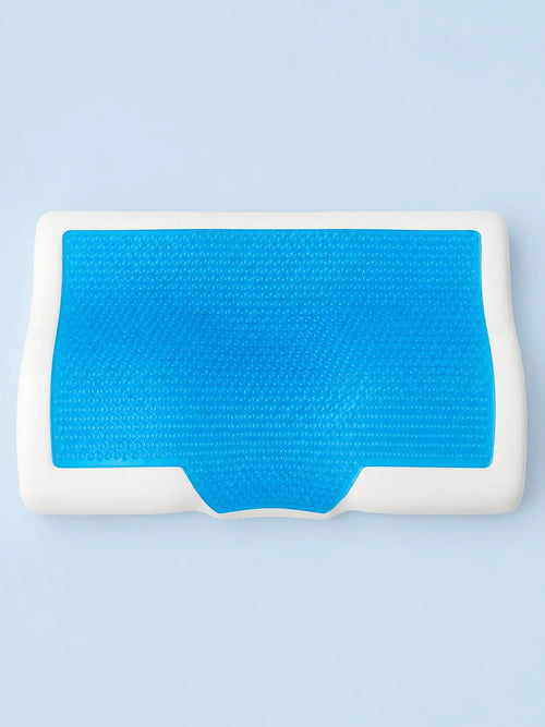 Top-down view of the blue dimpled gel panel on the white IcedPillow core