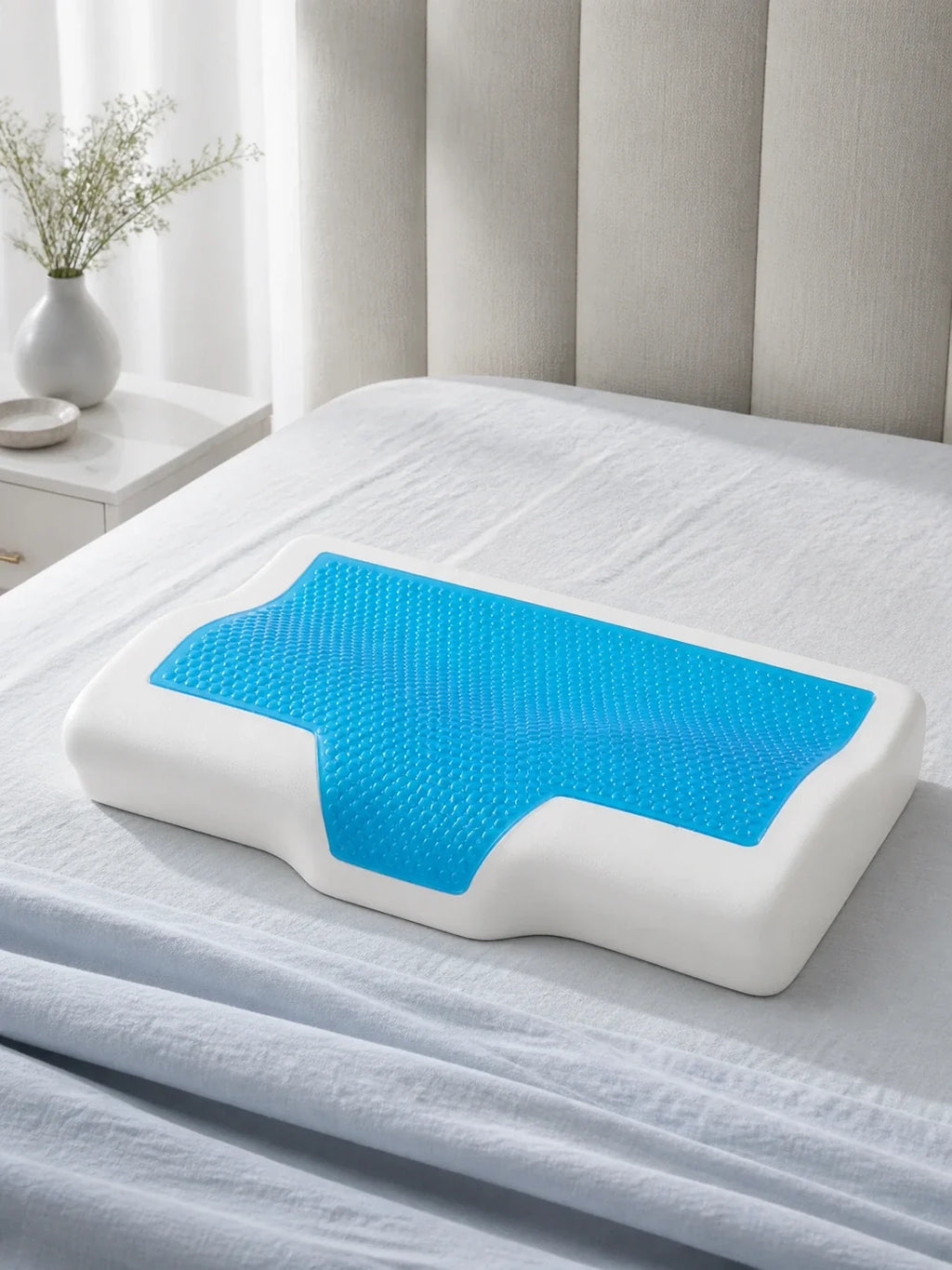 Uncovered IcedPillow core styled on cool premium bedding